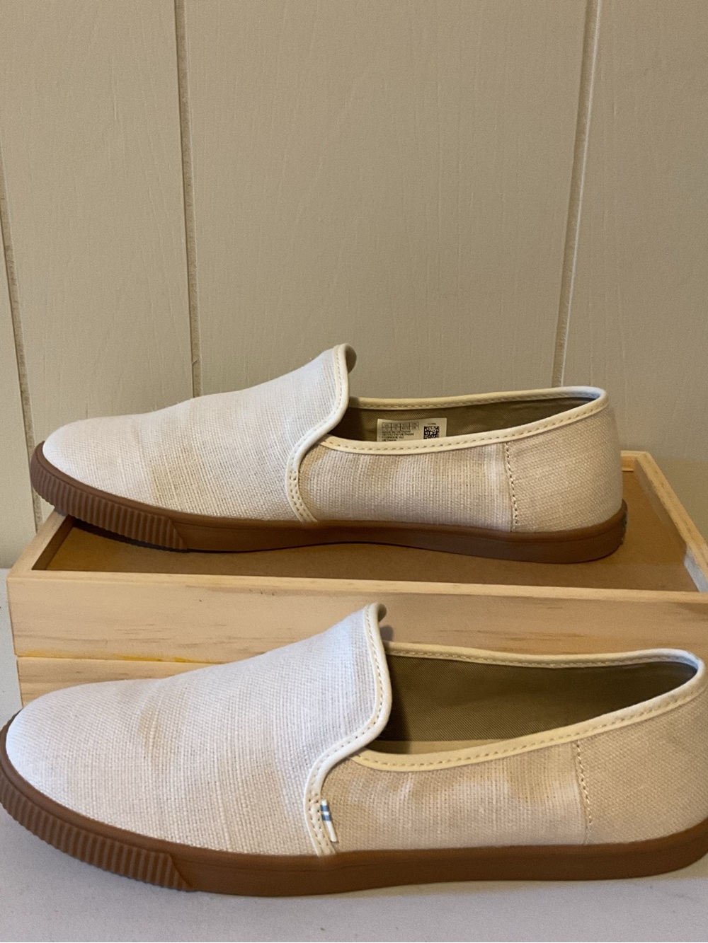 TOMS Cream Canvas Slip-On Shoes with Brown Rubber Sole -